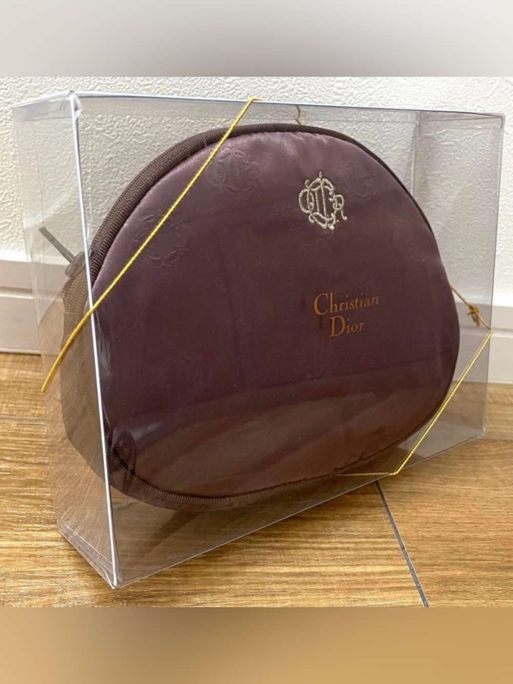 DIOR Vintage Signature Brown Sateen  Zip Cosmetic Pouch in Clear Box